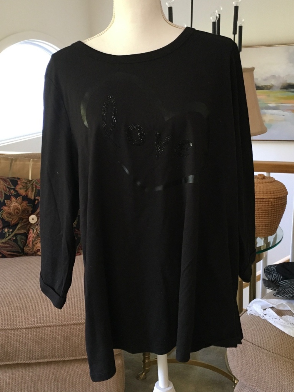 Chico’s black size 3 (XL) “Love” t-shirt with 3/4 sleeves